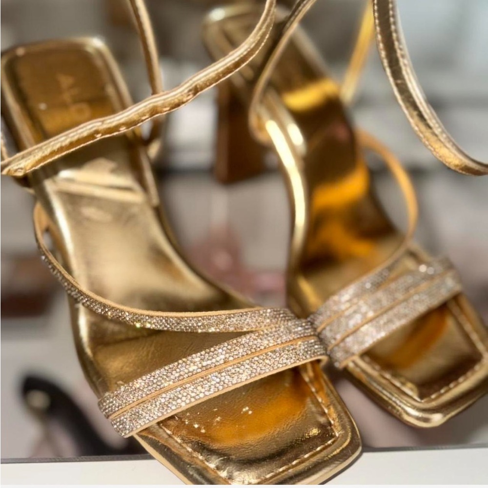 Aldo Gold Strappy Heels with Rhinestones